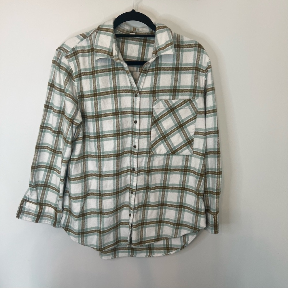 Aerie Medium Sage Green Brown Plaid Flannel Button Down Shirt Oversized
